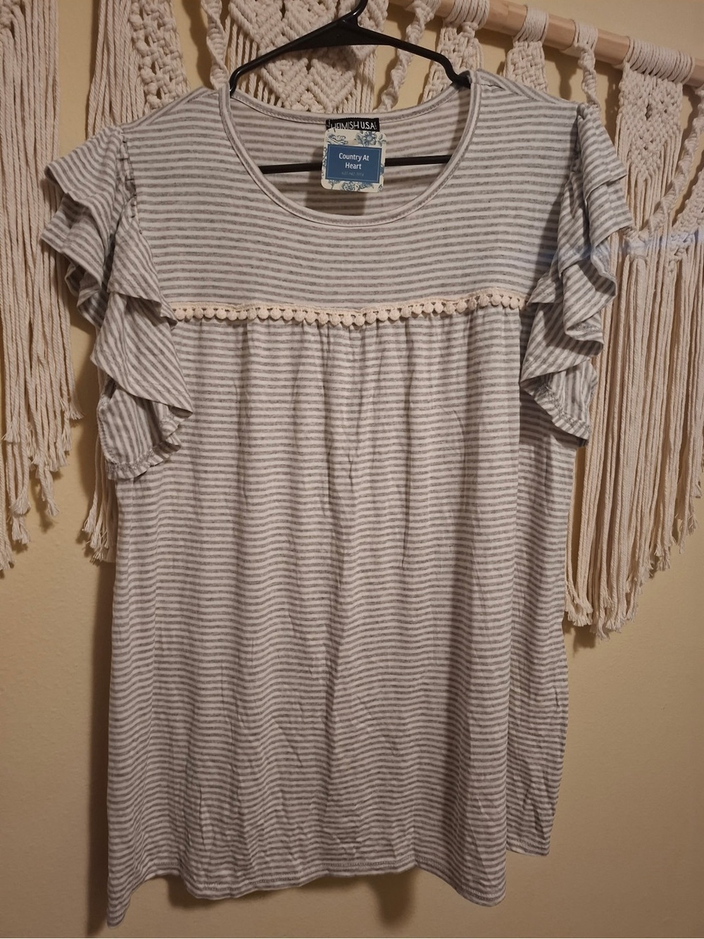 Grey and white Striped Flowy Top NWT